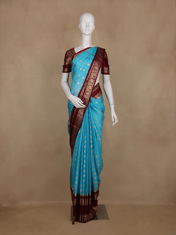 Blue Butta Designed Art Silk Saree With Contrast Border - Diadem