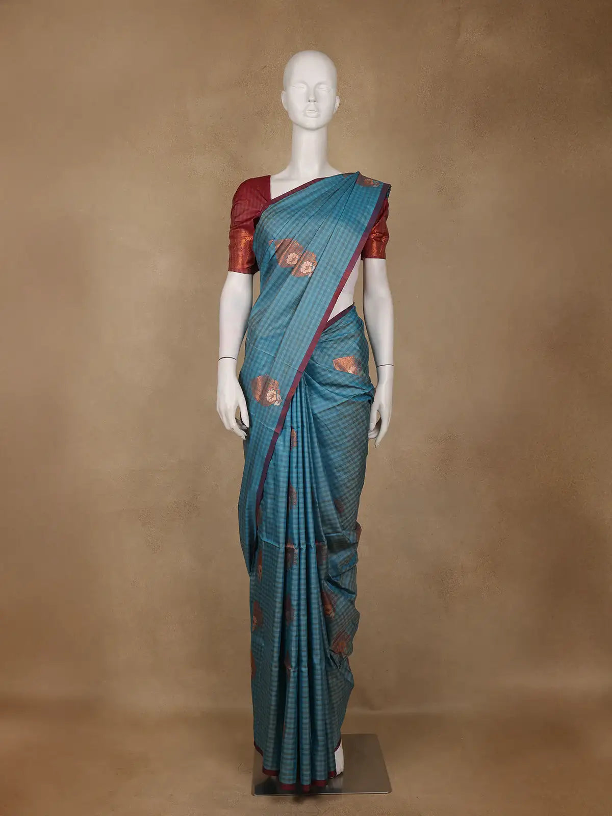 Blue Checks Woven Soft Silk Saree - Diadem
