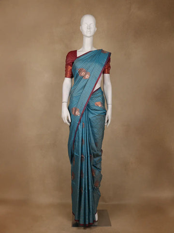Blue Checks Woven Soft Silk Saree - Diadem