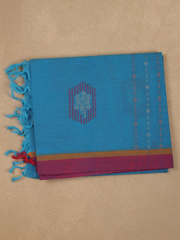 Blue Cotton Saree With Geometric Butta And Contrast Border - Diadem