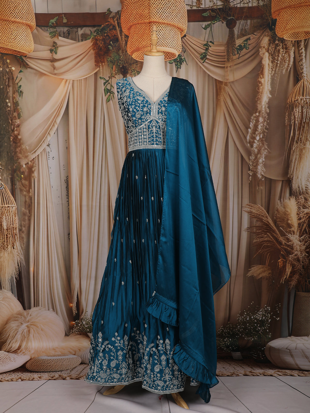 Blue Floral And Thread Work Design Organza Party Wear Gown | Diadem Blue Floral And Thread Work Design Organza Party Wear Gown | Diadem