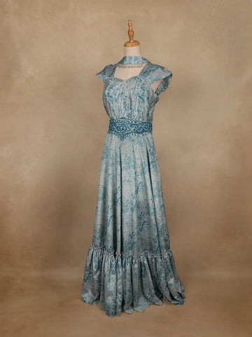 Blue Floral Designed Crepe Gown - Diadem