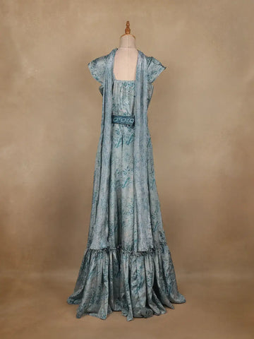 Blue Floral Designed Crepe Gown - Diadem