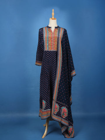 Blue Floral Printed Synthetic Salwar Suit - Diadem
