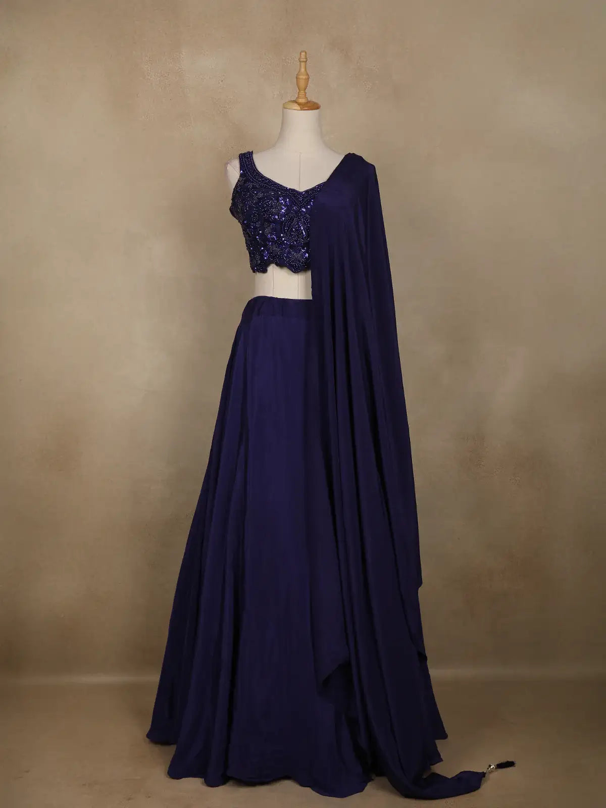 Blue Floral Sequins Embroidered Satin Lehenga With Dupatta - Diadem