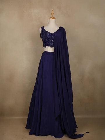 Blue Floral Sequins Embroidered Satin Lehenga With Dupatta - Diadem