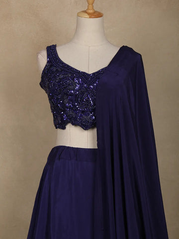 Blue Floral Sequins Embroidered Satin Lehenga With Dupatta - Diadem