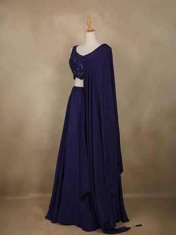 Blue Floral Sequins Embroidered Satin Lehenga With Dupatta - Diadem