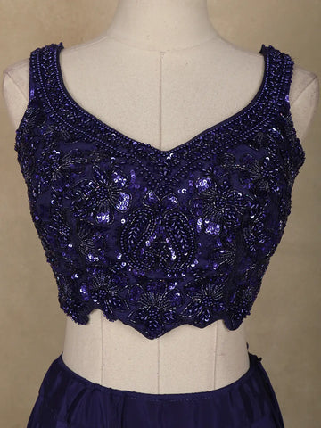 Blue Floral Sequins Embroidered Satin Lehenga With Dupatta - Diadem