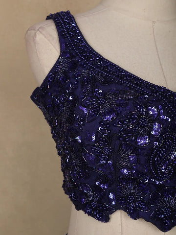 Blue Floral Sequins Embroidered Satin Lehenga With Dupatta - Diadem