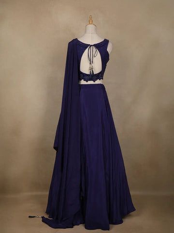 Blue Floral Sequins Embroidered Satin Lehenga With Dupatta - Diadem