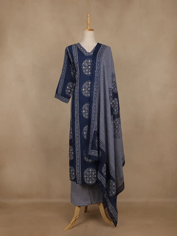 Blue Geometric Printed Cotton Salwar Suit With Dupatta - Diadem