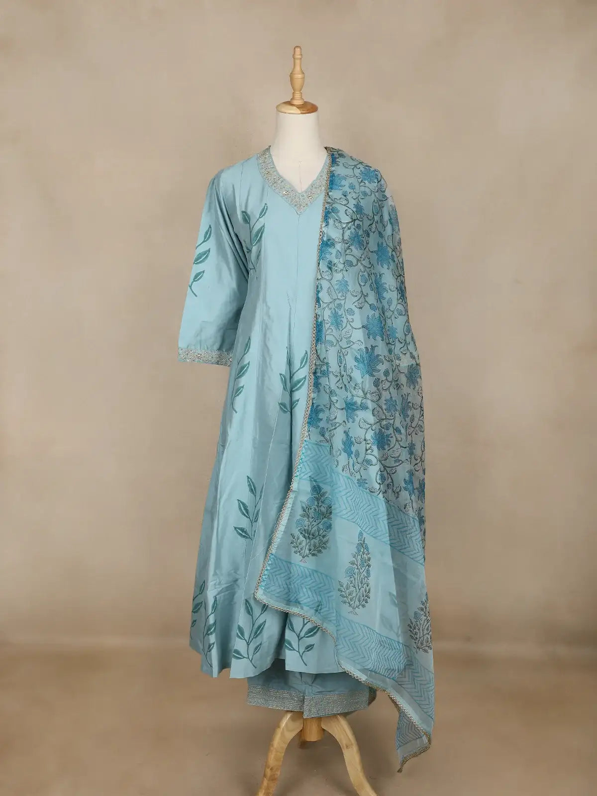 Cyan Blue Leaf Motif Printed Silk Anarkali Salwar Suit With Floral Printed Dupatta - Diadem