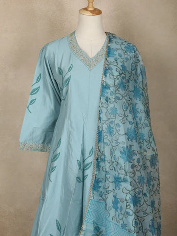 Cyan Blue Leaf Motif Printed Silk Anarkali Salwar Suit With Floral Printed Dupatta - Diadem
