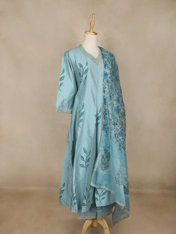 Cyan Blue Leaf Motif Printed Silk Anarkali Salwar Suit With Floral Printed Dupatta - Diadem