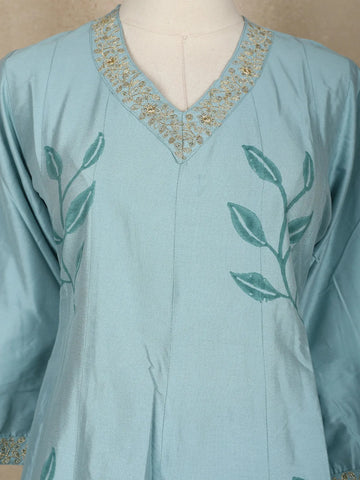 Cyan Blue Leaf Motif Printed Silk Anarkali Salwar Suit With Floral Printed Dupatta - Diadem