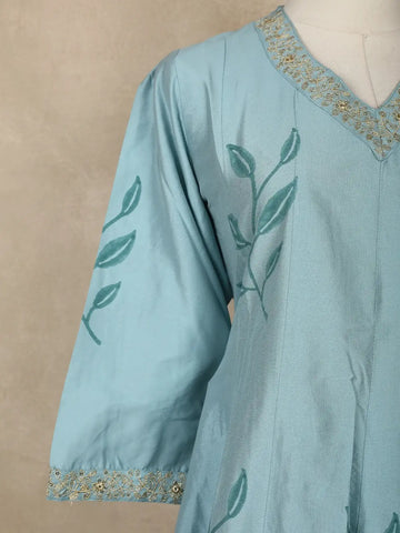 Cyan Blue Leaf Motif Printed Silk Anarkali Salwar Suit With Floral Printed Dupatta - Diadem