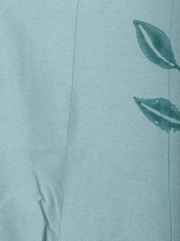 Cyan Blue Leaf Motif Printed Silk Anarkali Salwar Suit With Floral Printed Dupatta - Diadem