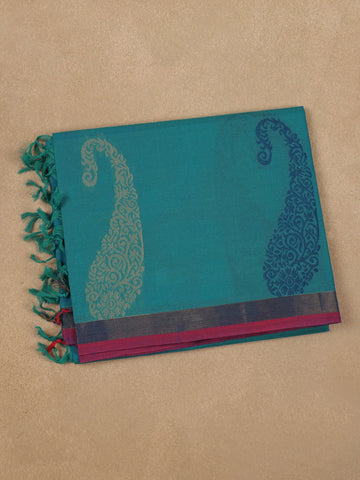 Blue Paisley Designed Cotton Saree - Diadem