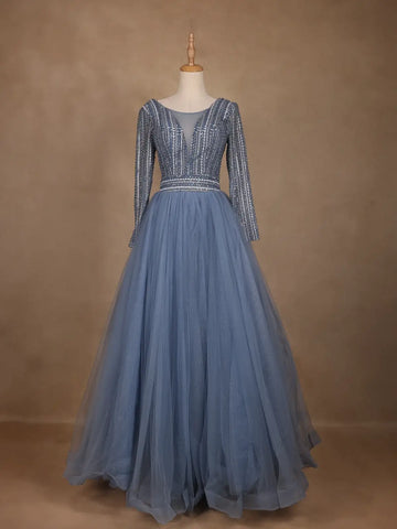 Blue Beaded Design Net Party Wear Gown - Diadem