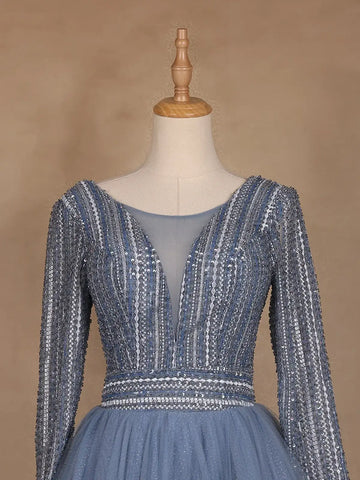 Blue Beaded Design Net Party Wear Gown - Diadem