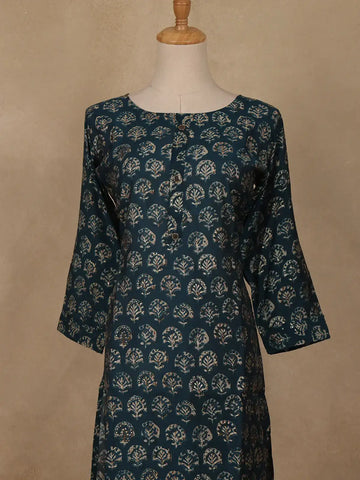 Blue Floral Design Printed Rayon Kuti - Diadem