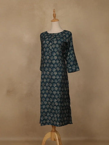 Blue Floral Design Printed Rayon Kuti - Diadem
