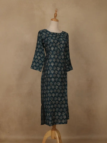 Blue Floral Design Printed Rayon Kuti - Diadem