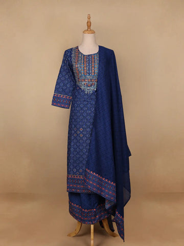 Blue Floral Designed Cotton Salwar Suit - Diadem