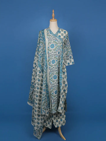 Blue Floral Designed Cotton Salwar Suit - Diadem
