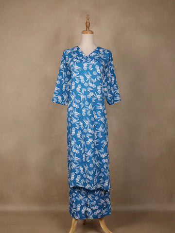 Blue Floral Designed Cotton Salwar Suit - Diadem