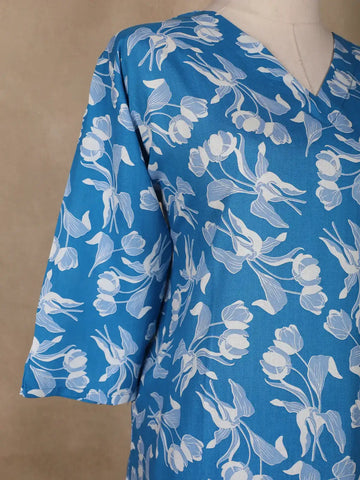 Blue Floral Designed Cotton Salwar Suit - Diadem