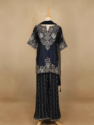 Blue Floral Designed Georgette Palazzo Salwar Suit - Diadem