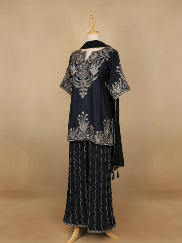 Blue Floral Designed Georgette Palazzo Salwar Suit - Diadem