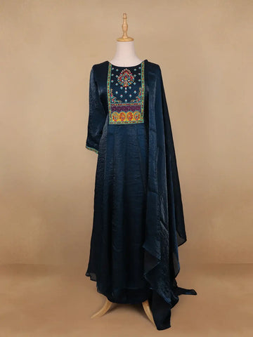 Blue Floral Designed Organza Anarkali Salwar Suit - Diadem