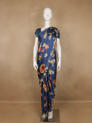 Blue Floral Designed Satin Saree - Diadem