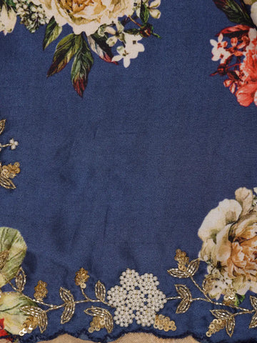 Blue Floral Designed Satin Saree - Diadem