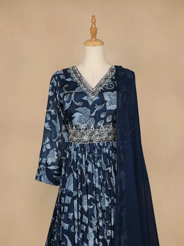 Blue Floral Designed Semi Silk Gown - Diadem