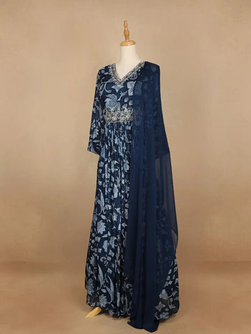 Blue Floral Designed Semi Silk Gown - Diadem