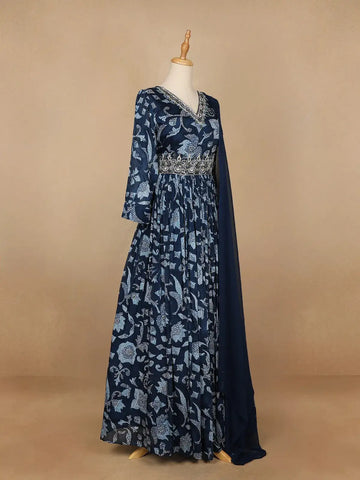 Blue Floral Designed Semi Silk Gown - Diadem