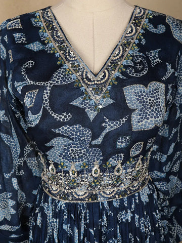 Blue Floral Designed Semi Silk Gown - Diadem