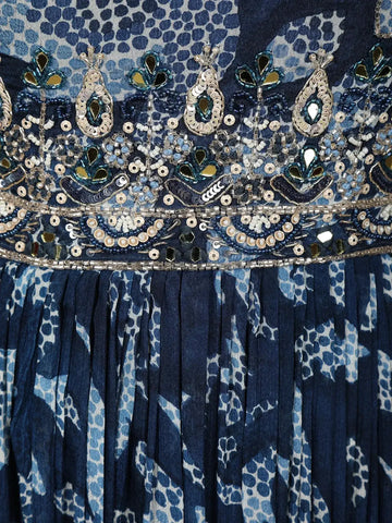 Blue Floral Designed Semi Silk Gown - Diadem