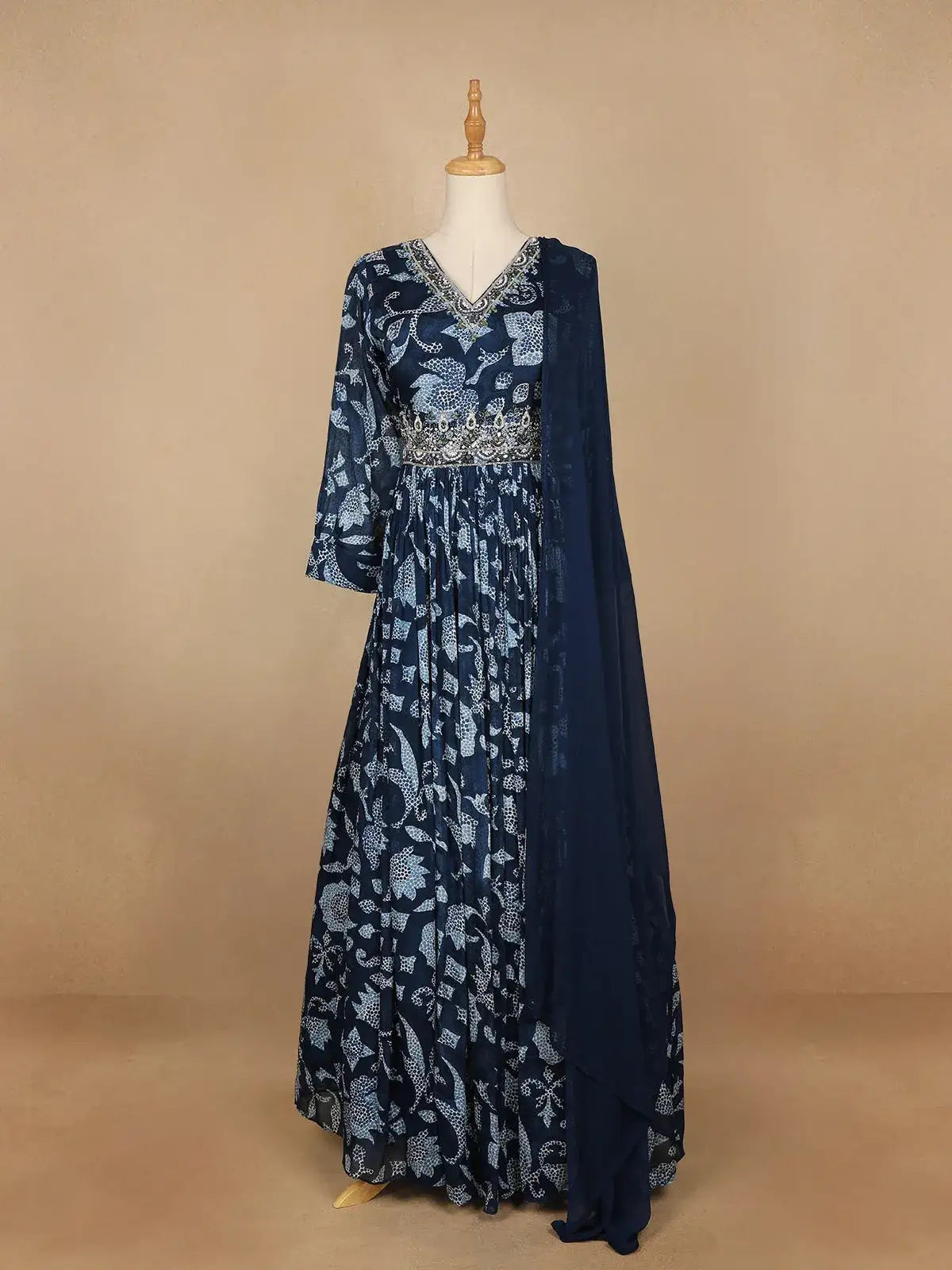Blue Floral Designed Semi Silk Gown - Diadem