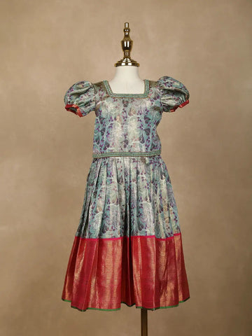 Blue Floral Designed Silk Pavada Sattai Set - Diadem