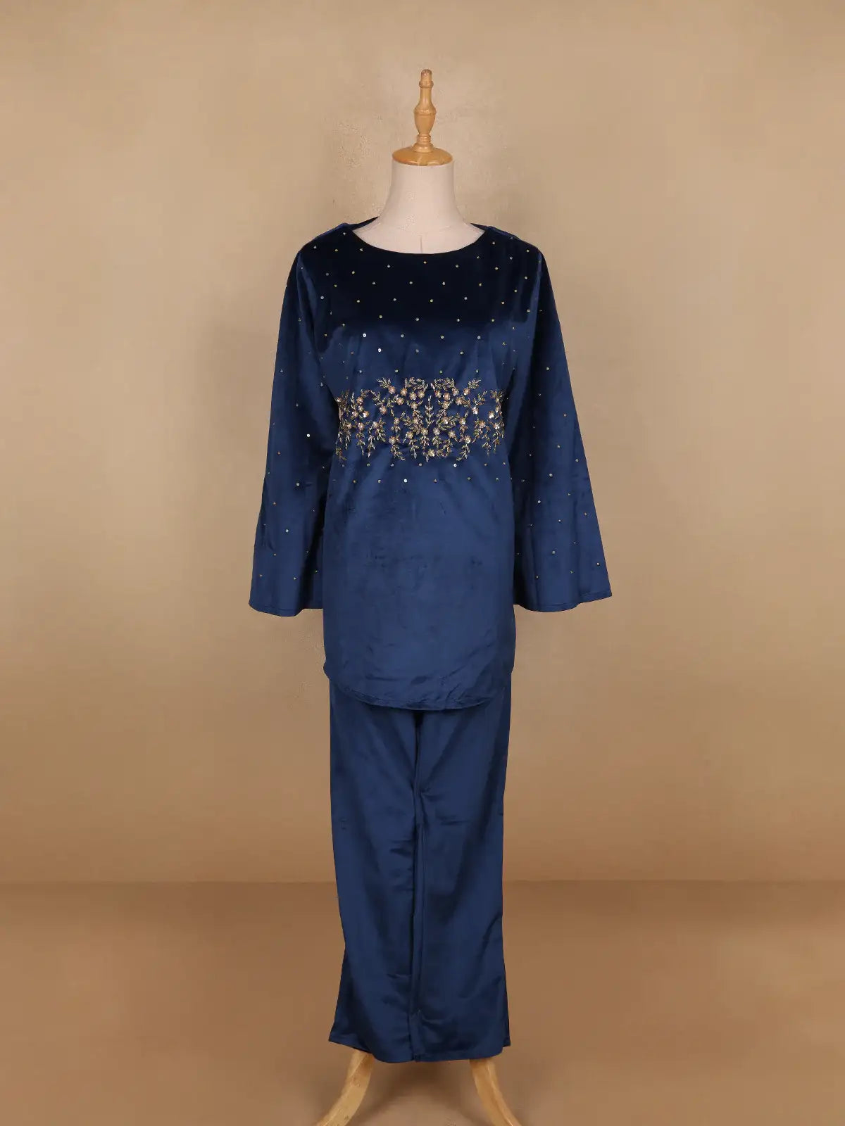 Blue Floral Designed Velvet Co Ord Salwar Suit - Diadem