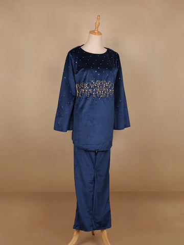 Blue Floral Designed Velvet Co Ord Salwar Suit - Diadem