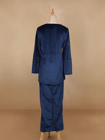 Blue Floral Designed Velvet Co Ord Salwar Suit - Diadem
