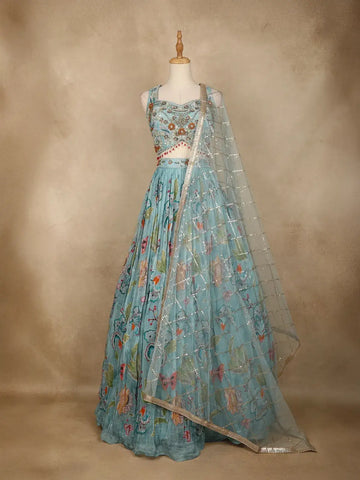 Blue Floral Embroidered Crepe Bridesmaids Lehenga - Diadem
