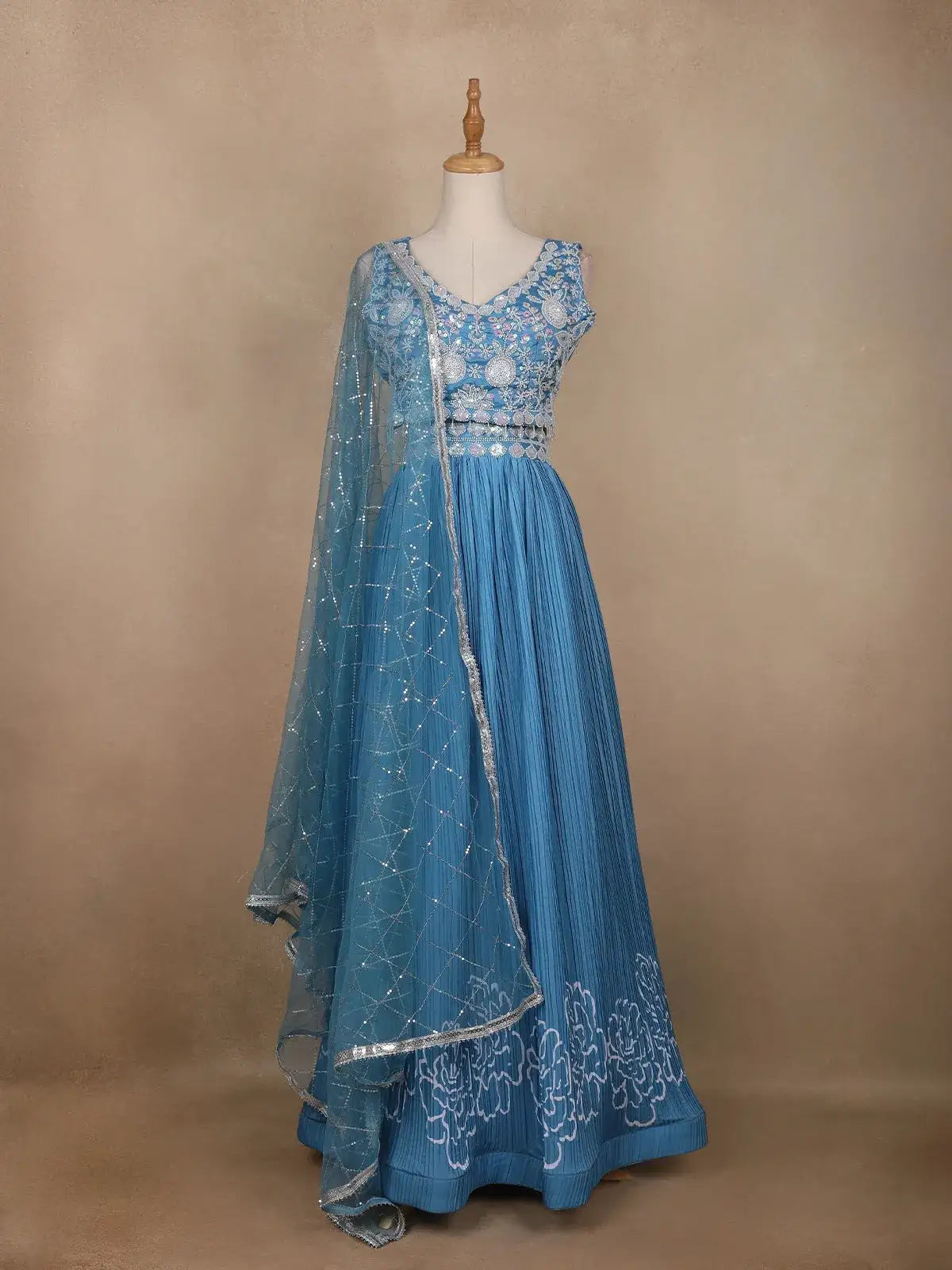 Blue Floral Embroidered Crepe Bridesmaids Lehenga - Diadem