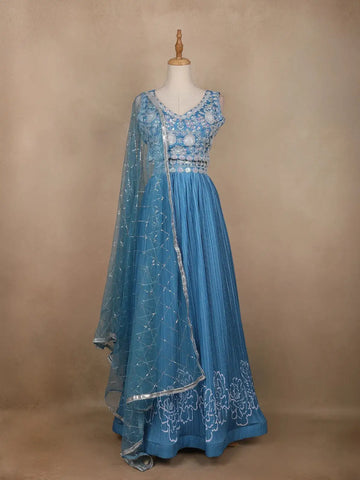 Blue Floral Embroidered Crepe Bridesmaids Lehenga - Diadem